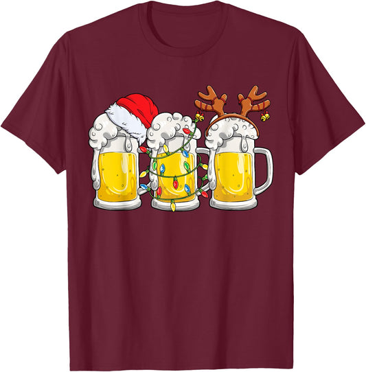Beer Christmas Mug Santa Reinbeer Xmas Tree Lights Men Women T-Shirt - T-Shirt | Maroon