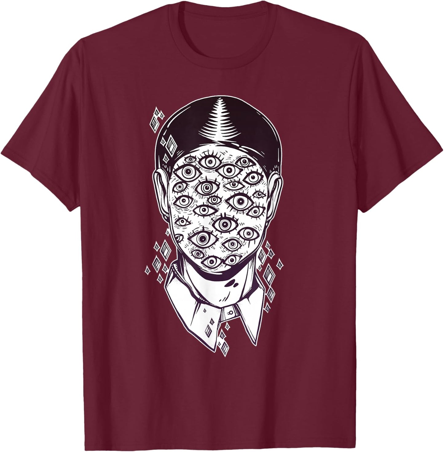 Dali Surreal - Noir Retro Eyes on Face Tattoo Art T-Shirt - T-Shirt | Maroon