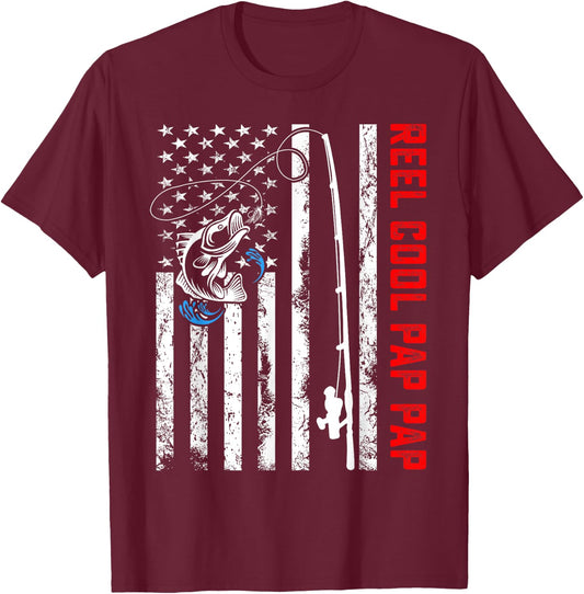 Reel Cool Pap Pap Shirt American Flag Fishing Birthday Gifts T-Shirt - T-Shirt | Maroon