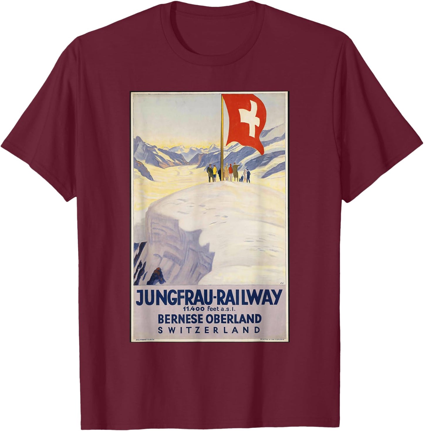 Vintage Switzerland Retro Travel Jungfrau Poster T-Shirt - T-Shirt | Maroon