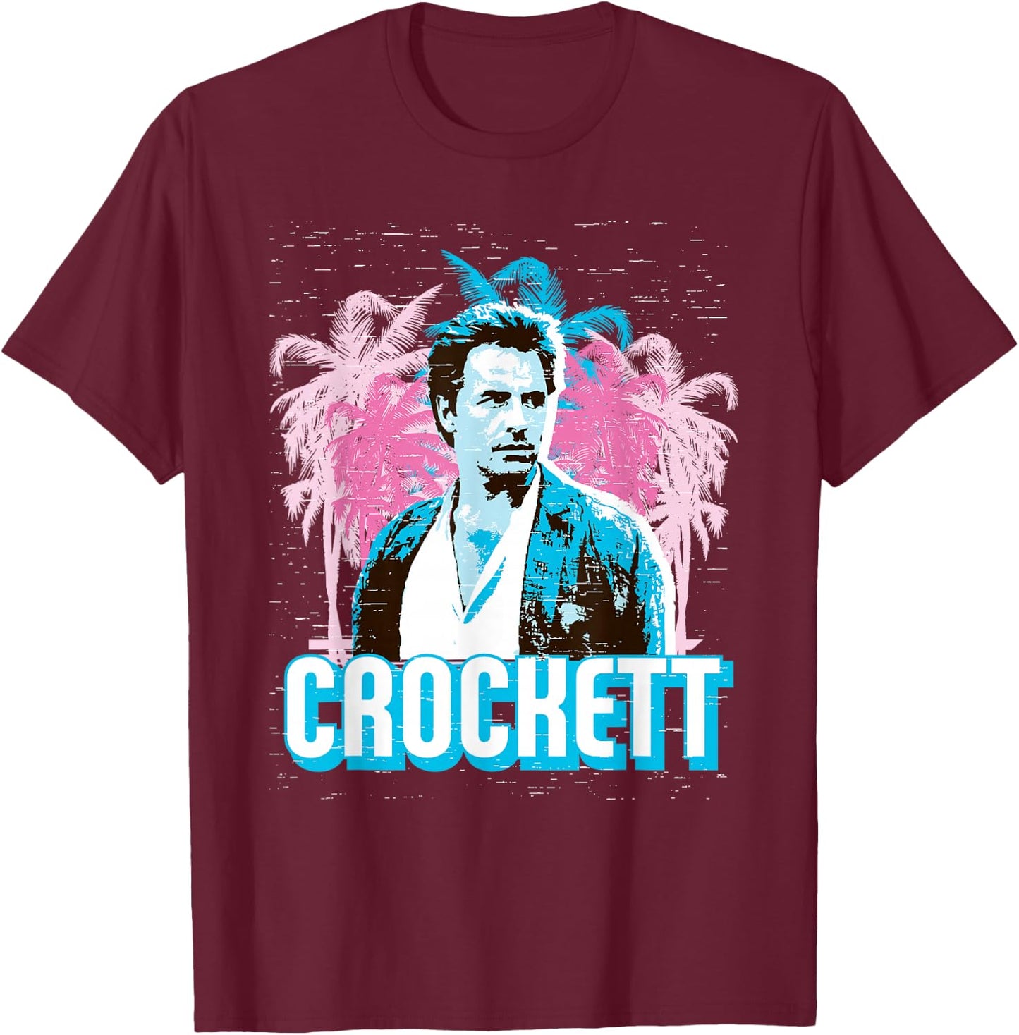 Miami Vice Crockett and Palm Tree Scenery T-Shirt - T-Shirt | Maroon