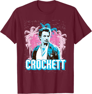 Miami Vice Crockett and Palm Tree Scenery T-Shirt - T-Shirt | Maroon