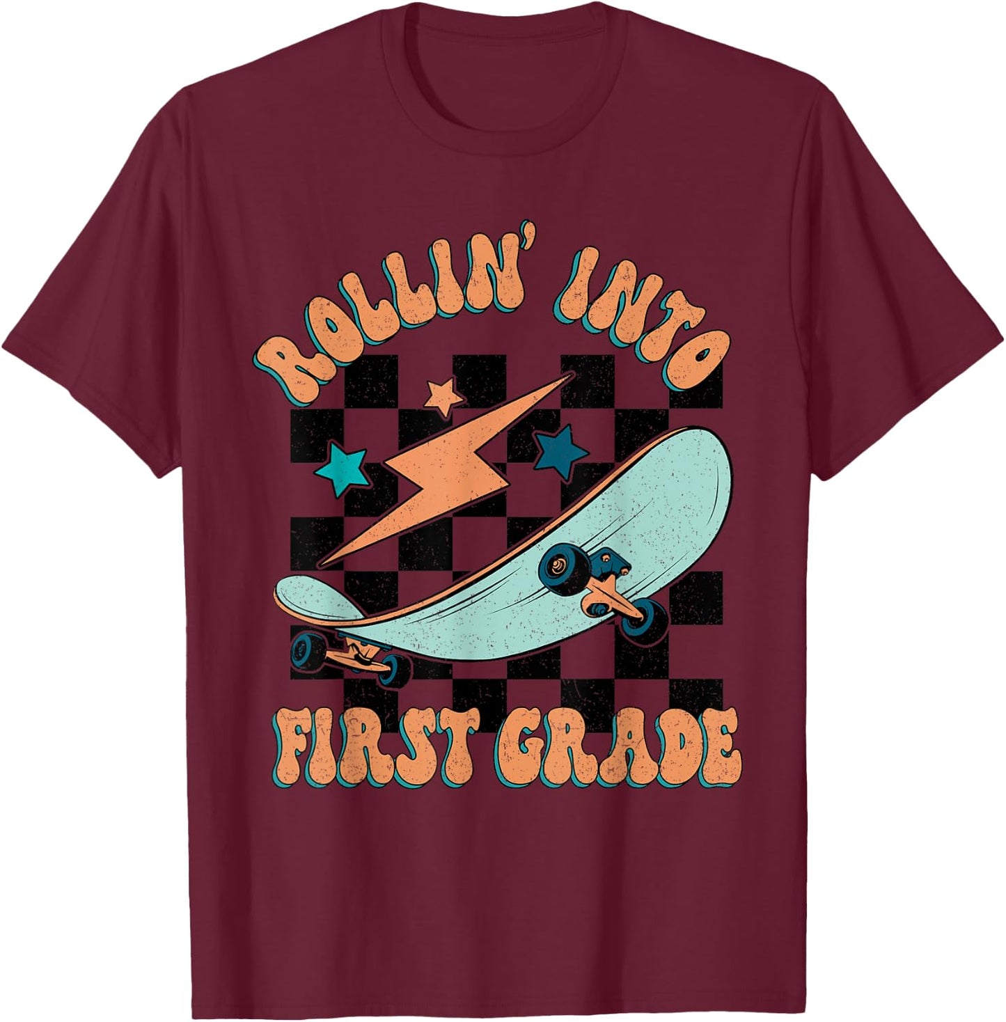 Rollin Into First Grade Skateboard Boy Back to School T-Shirt - T-Shirt | Maroon