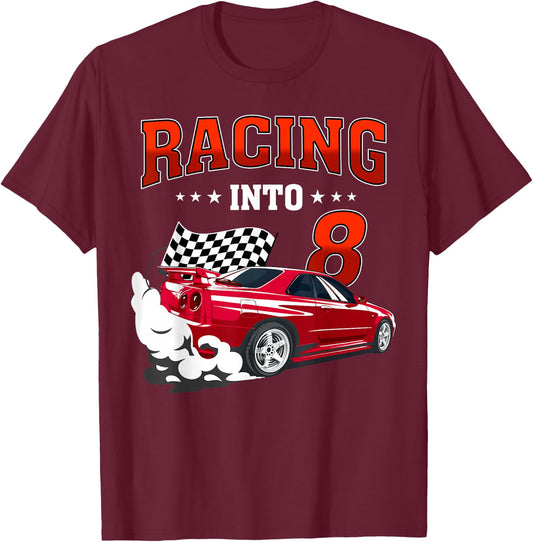 Cool Racing Into 8 Race Car 8 Birthday 8 Years Old T-Shirt - T-Shirt | Maroon