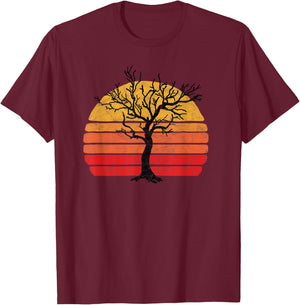 Retro Sun Minimalist Leafless Tree Design Graphic T-Shirt - T-Shirt | Maroon