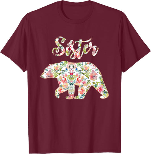 Floral Sister Bear Shirt, Sister, Matching Mom and Daughter T-Shirt - T-Shirt | Maroon
