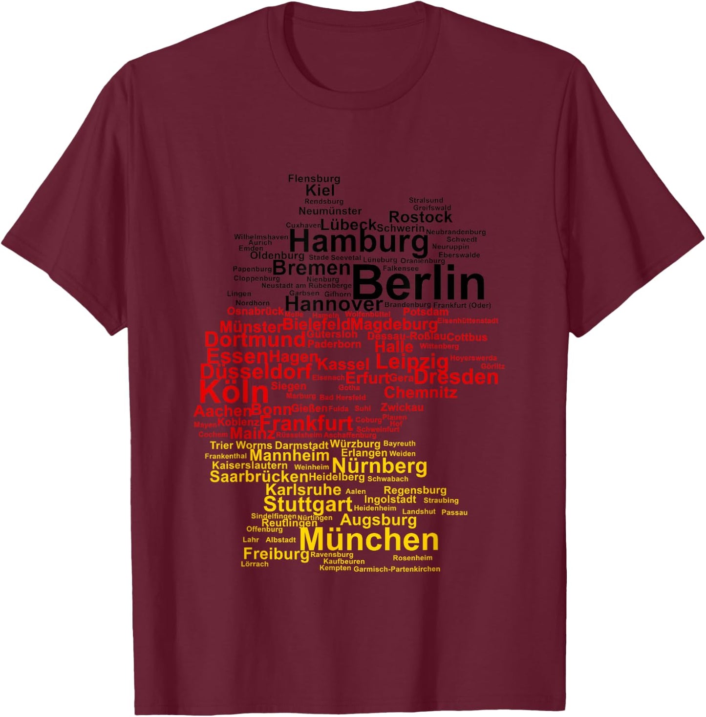 Germany Map Silhouette Towns Cities Flag Berlin Travel T-Shirt - T-Shirt | Maroon