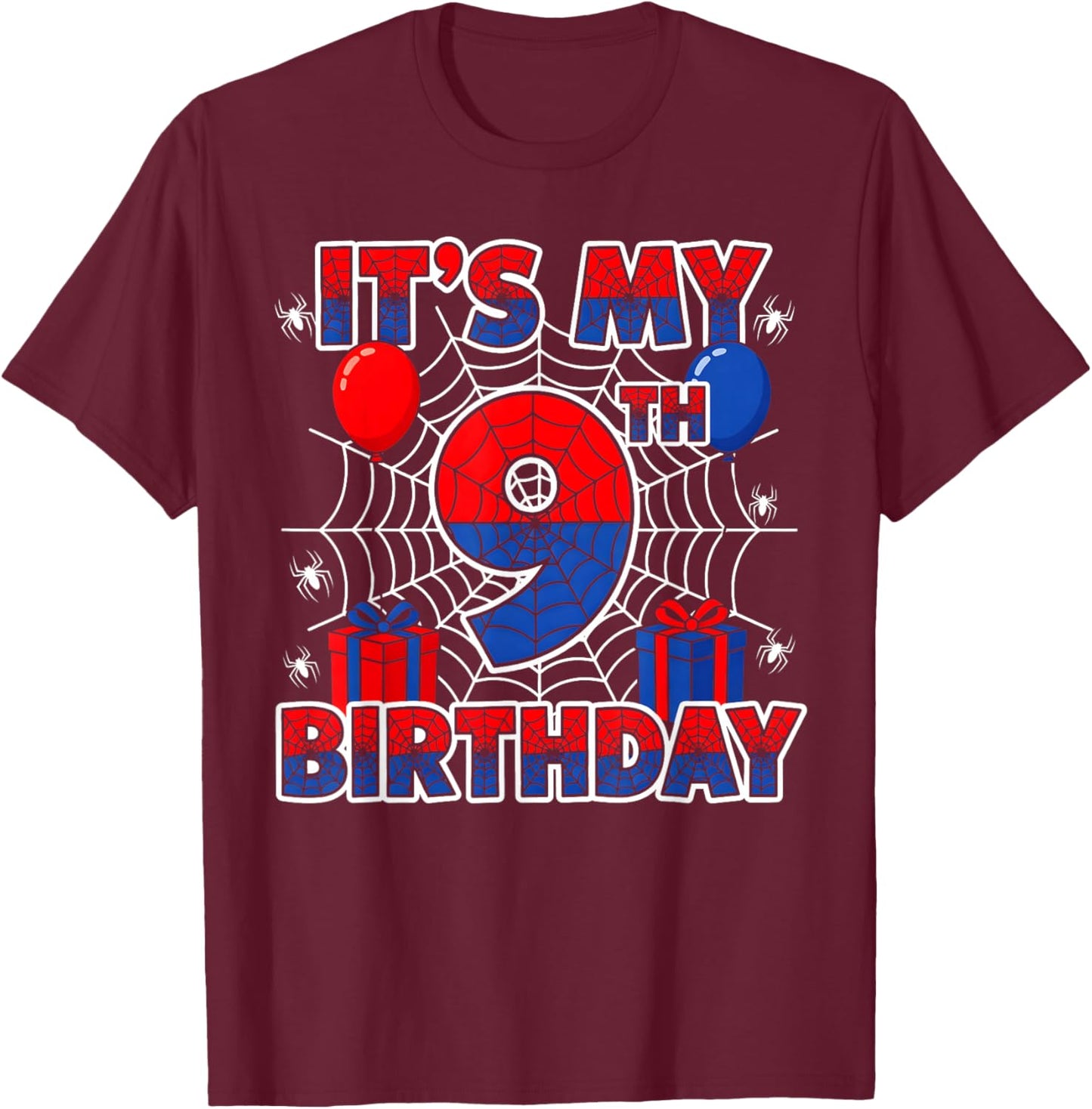 Its My 9th Birthday Boy 9 Year Old Spider Web Birthday Party T-Shirt - T-Shirt | Maroon