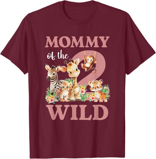 Mommy Of The Two Wild Zoo 2nd Birthday Safari Jungle Animal T-Shirt - T-Shirt | Maroon