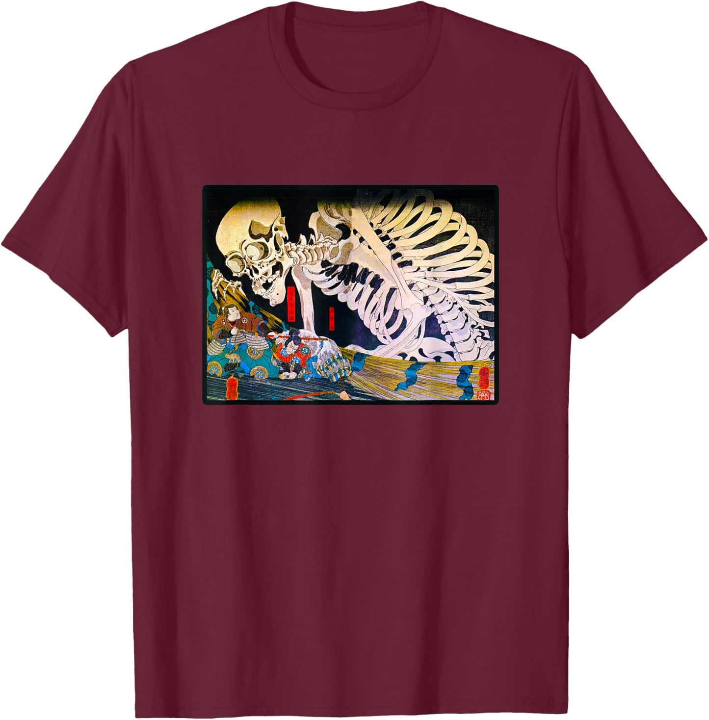 Vintage Art Prints Skeleton Ukiyo-e Japanese Woodblock Art T-Shirt - T-Shirt | Maroon