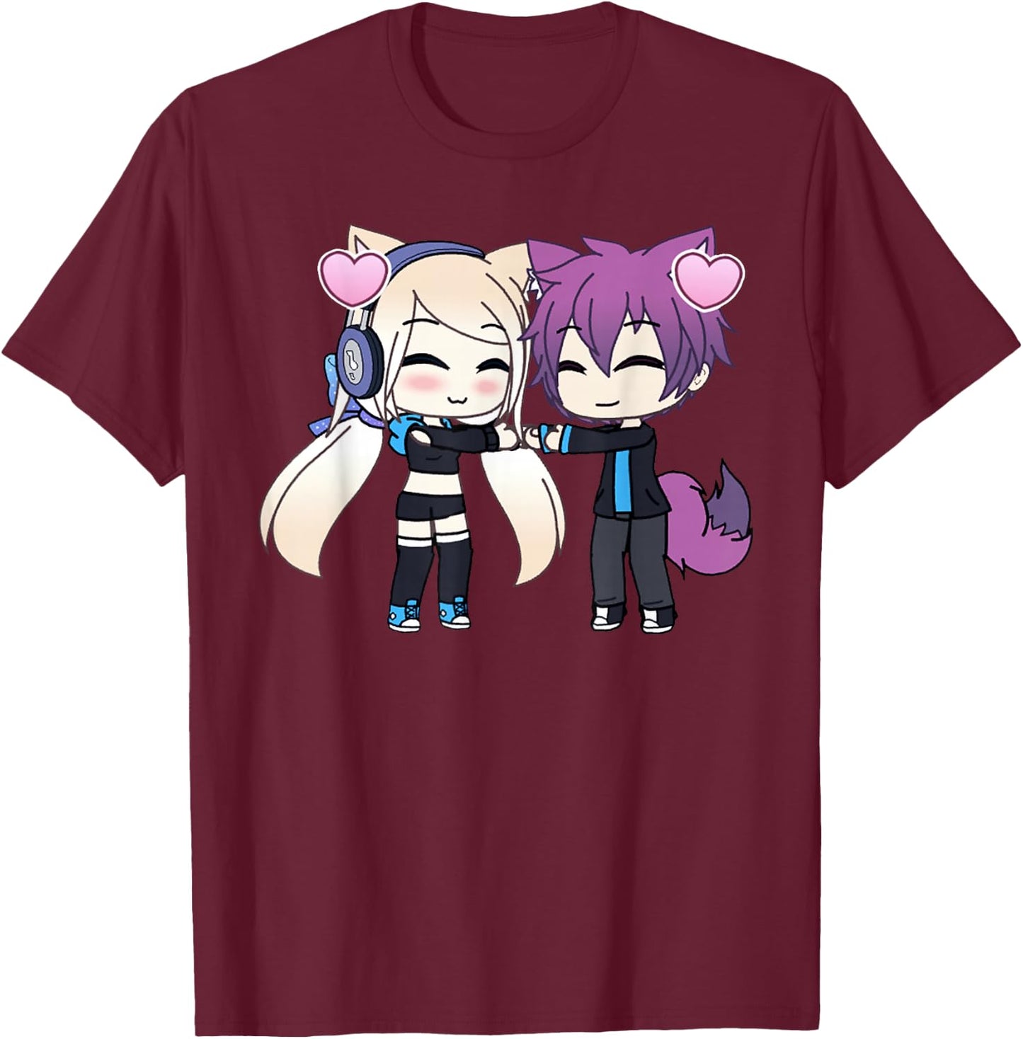 Cute Chibi Style Kawaii Anime Girl and Boy Couple and Hearts T-Shirt - T-Shirt | Maroon