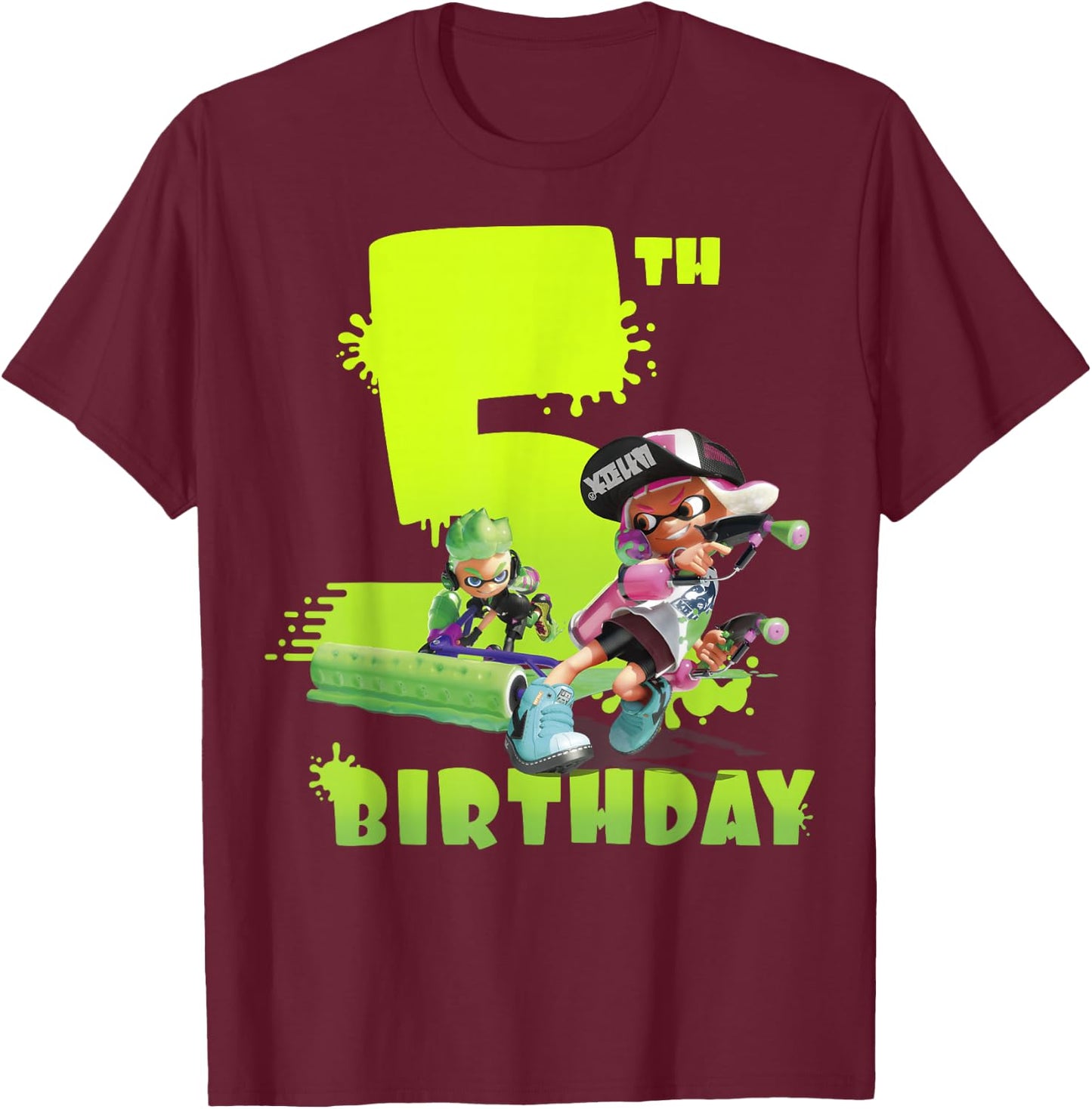 Splatoon Inkling 5th Birthday Green Splatter Portrait T-Shirt - T-Shirt | Maroon