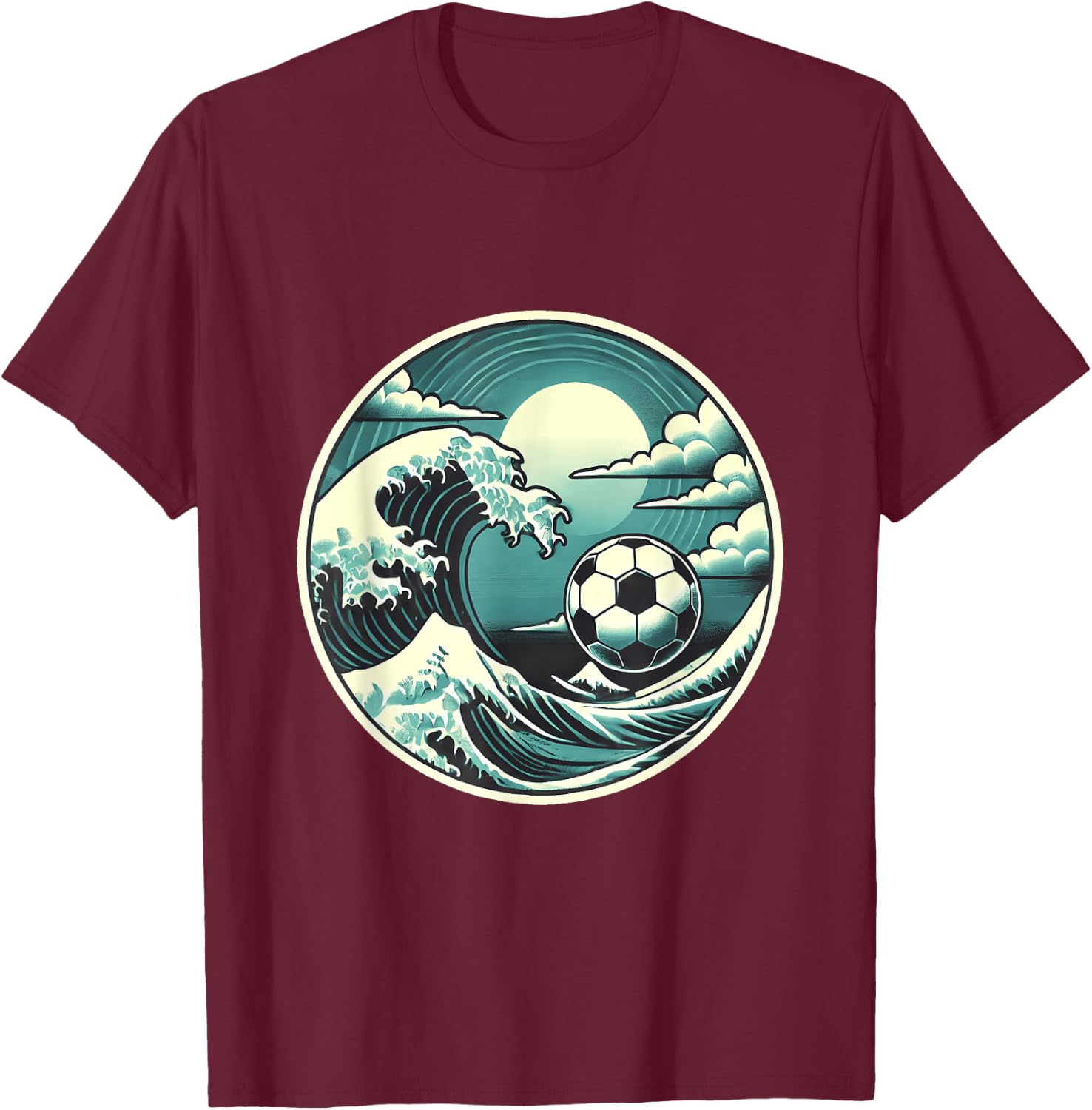 Great Wave with Soccer Ball Serene Sport Design T-Shirt - T-Shirt | Maroon