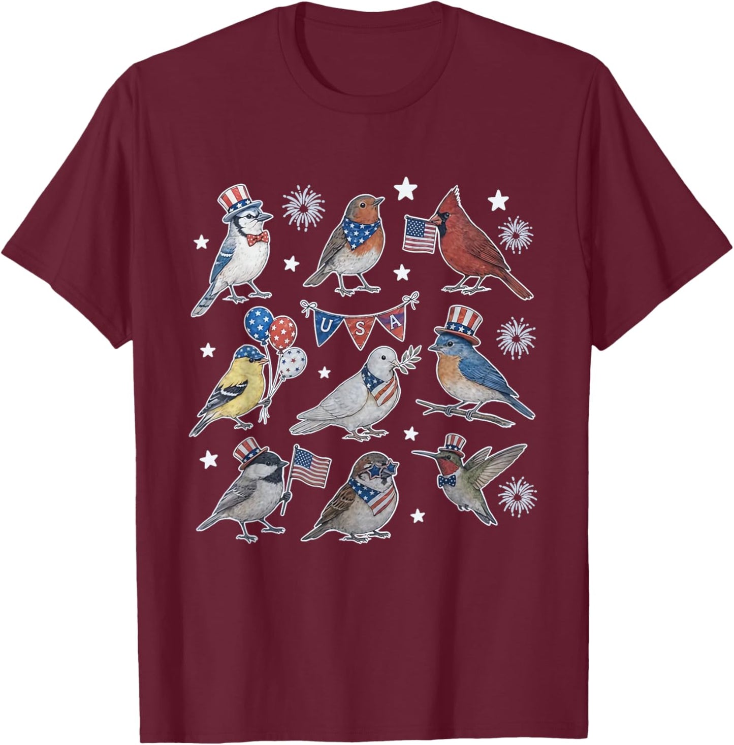 Funny Patriotic Songbirds of North America Field USA Flag T-Shirt - T-Shirt | Maroon