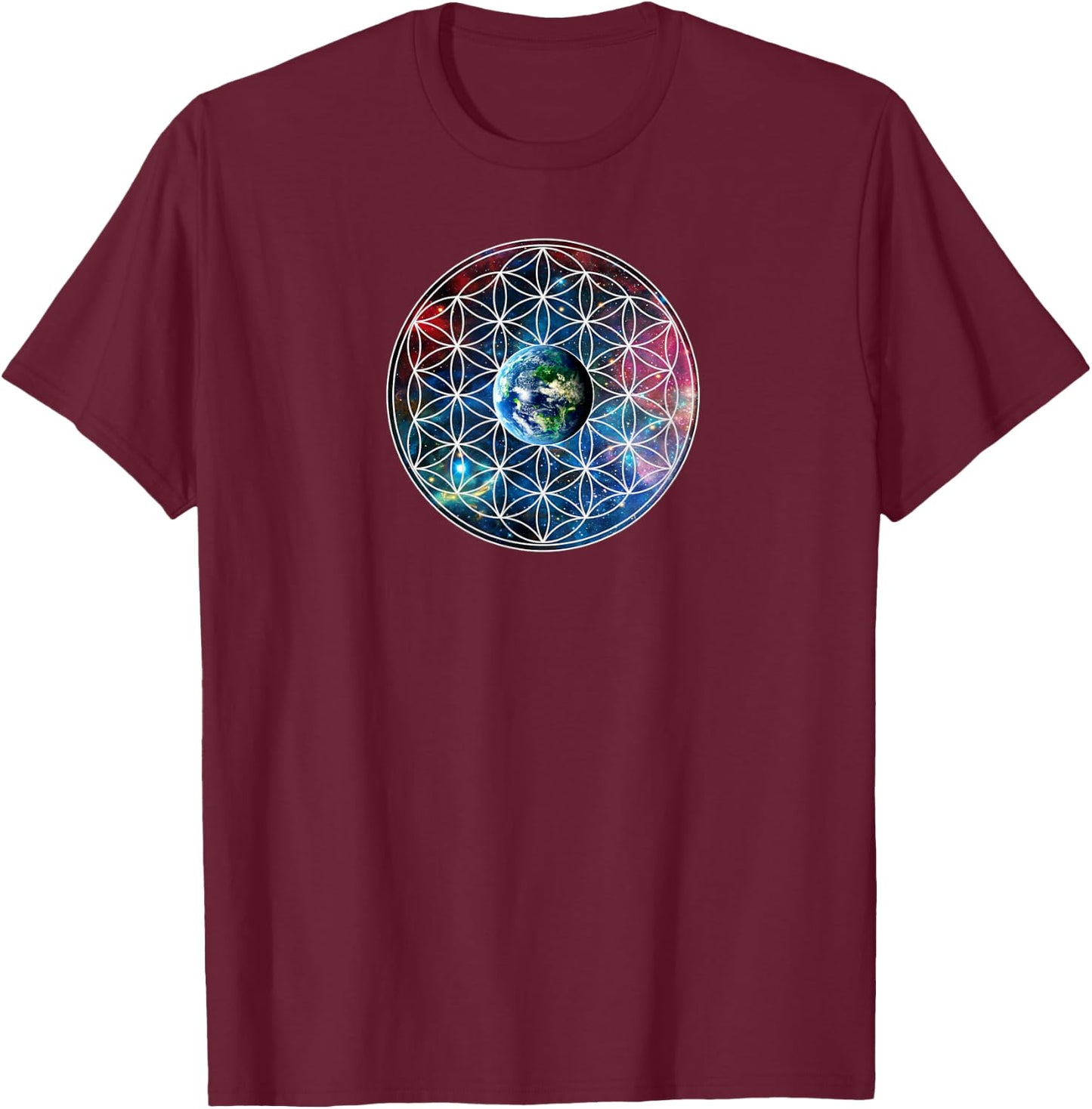 Earth with flower of life, sacred geometry, Yoga T-Shirt - T-Shirt | Maroon