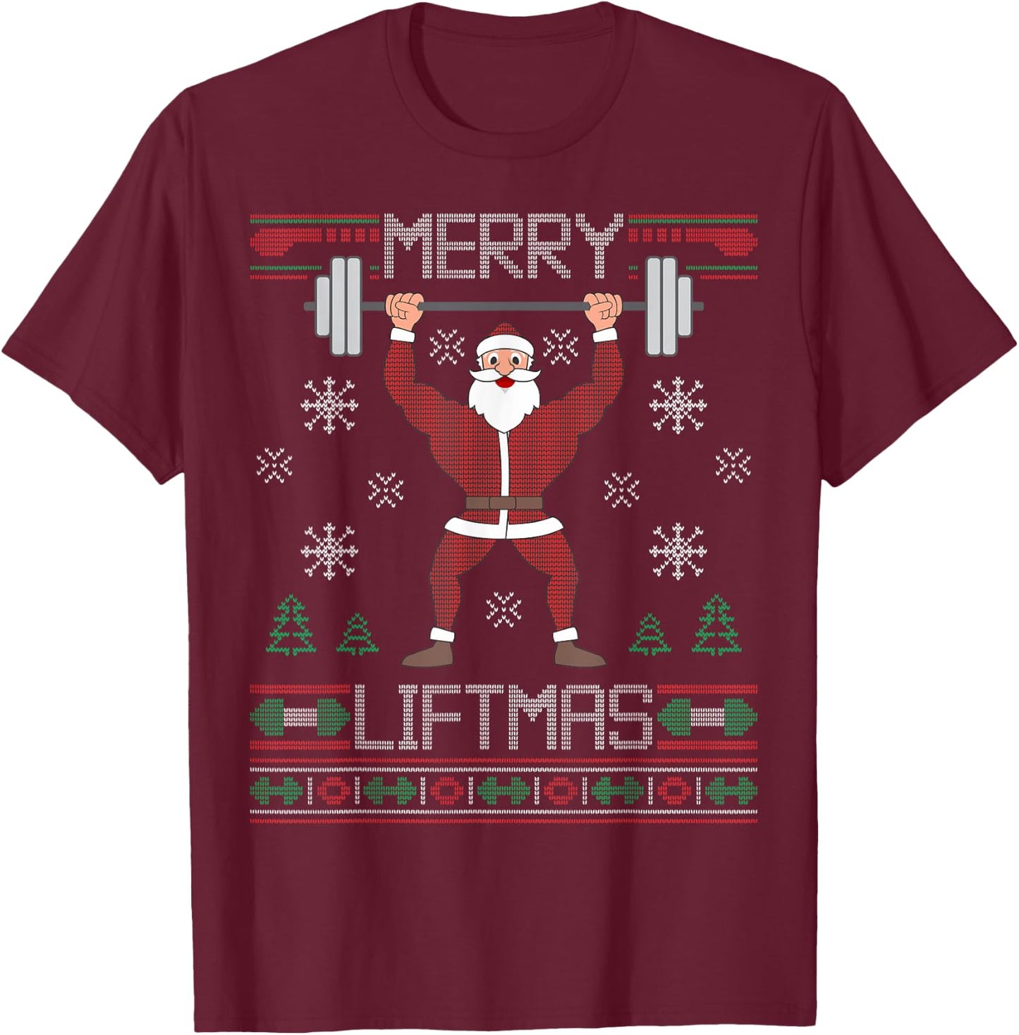 Merry Liftmas Ugly Christmas Sweater Santa Claus Gym Workout T-Shirt - T-Shirt | Maroon
