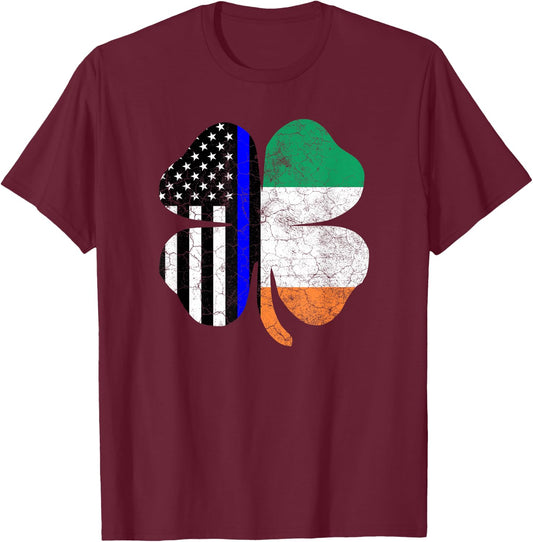 St Patricks Day Thin Blue Line American Irish Flag Police T-Shirt - T-Shirt | Maroon