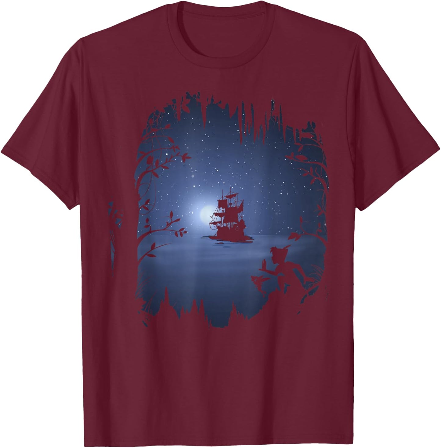 Disney Peter Pan Moonlit Pirate Ship Silhouette T-Shirt - T-Shirt | Maroon