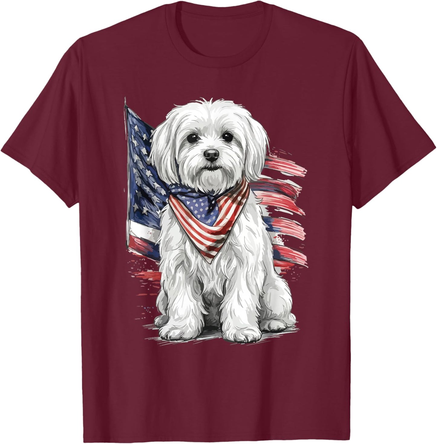 Maltese 4th of July Patriotic Dog T-Shirt - T-Shirt | Maroon