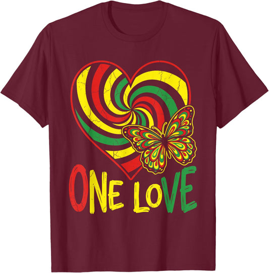 One Love Rasta Heart Butterfly Reggae Roots Jamaica Style T-Shirt - T-Shirt | Maroon