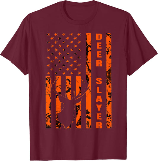 Hunter Orange Camo American Flag Deer Slayer Hunting Lover T-Shirt - T-Shirt | Maroon