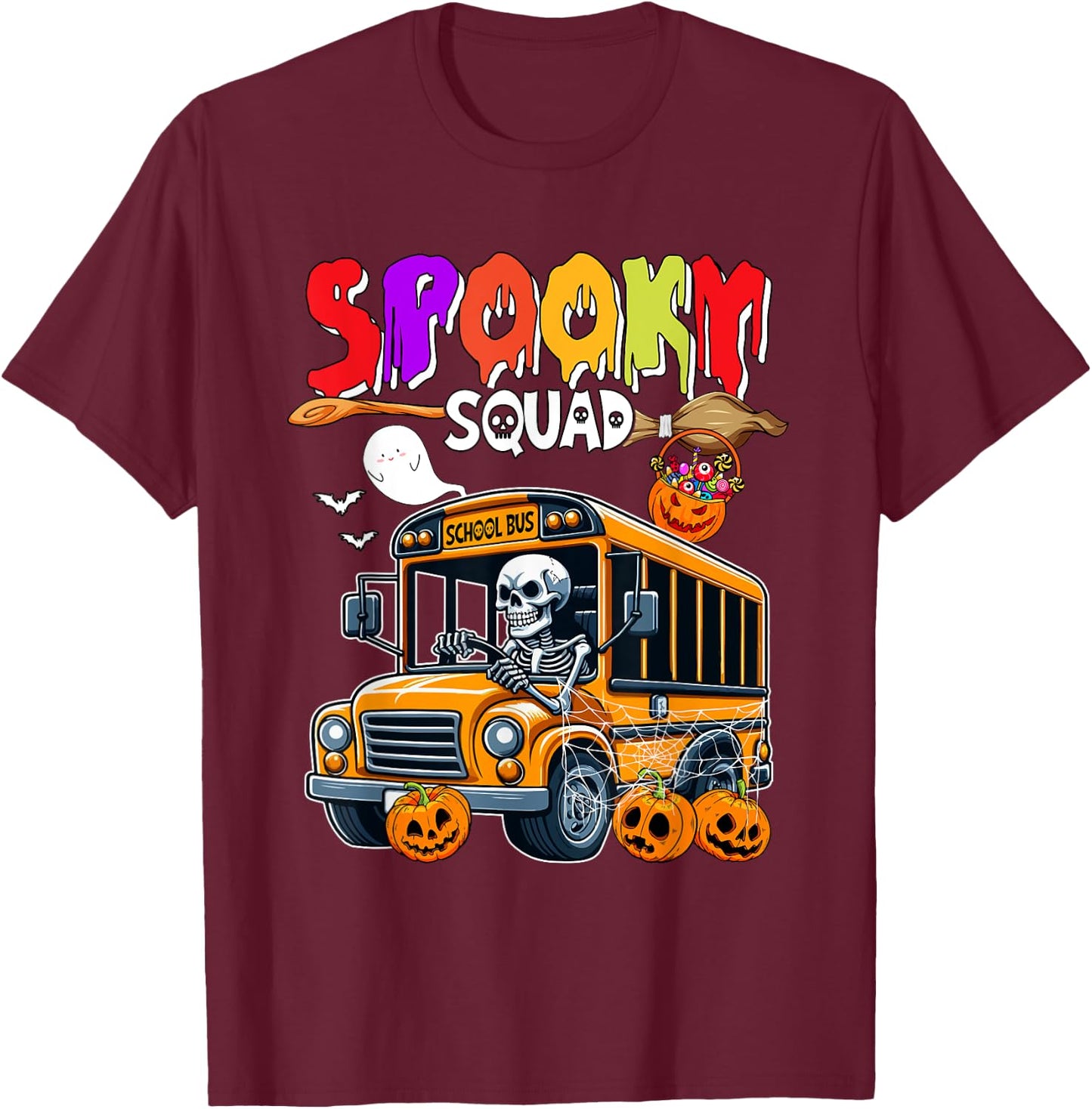 Spooky Halloween Squad Horror Skeleton Driving School Bus T-Shirt - T-Shirt | Maroon