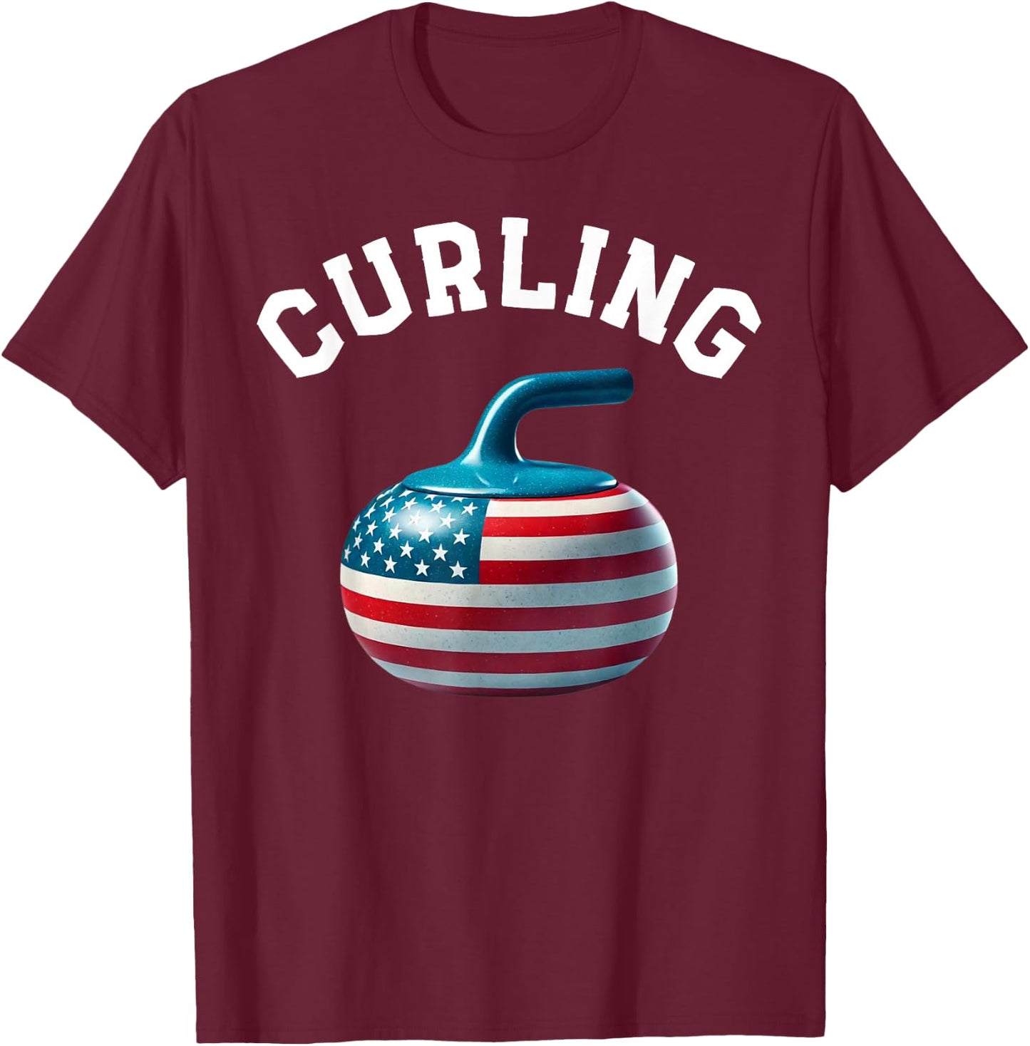 American Flag Curling USA 4th of July Man Woman T-Shirt - T-Shirt | Maroon