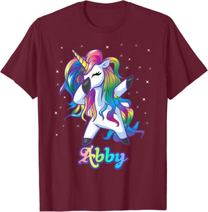 ABBY Name Personalized Custom Rainbow Unicorn Dabbing T-Shirt - T-Shirt | Maroon