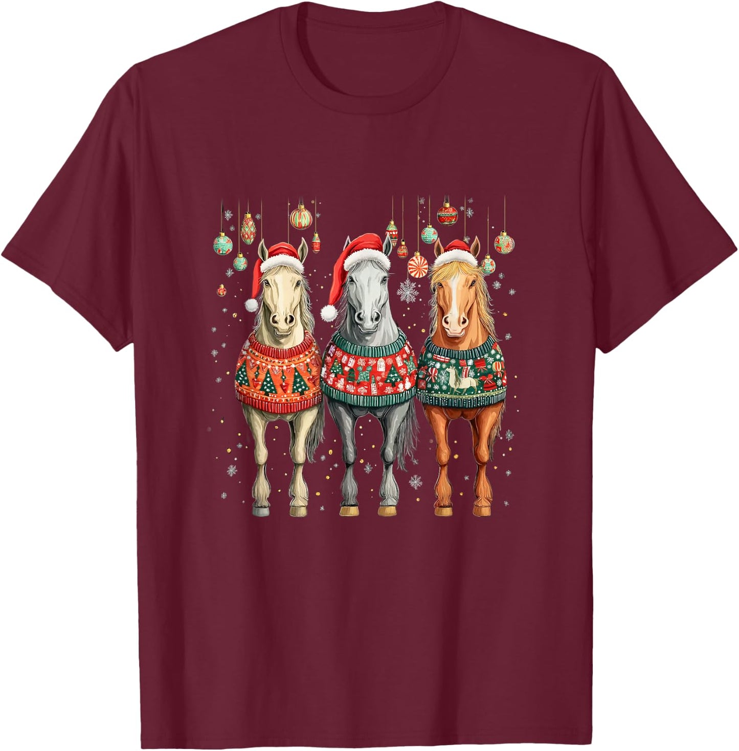 Cute Horses Santa Hat Ugly Christmas Xmas Horse Lover T-Shirt - T-Shirt | Maroon