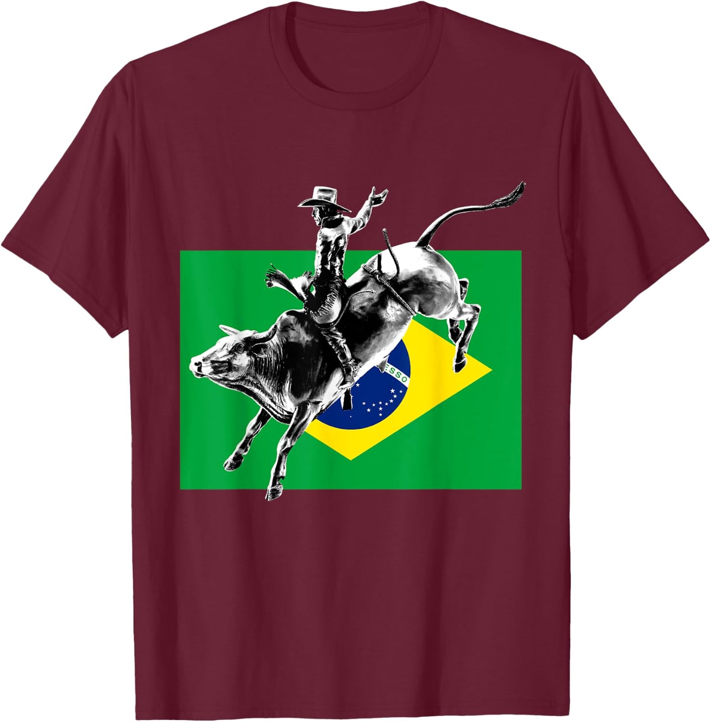 Rodeo Bull Rider Patriotic Flag of Brazil Cowboys T-Shirt - T-Shirt | Maroon