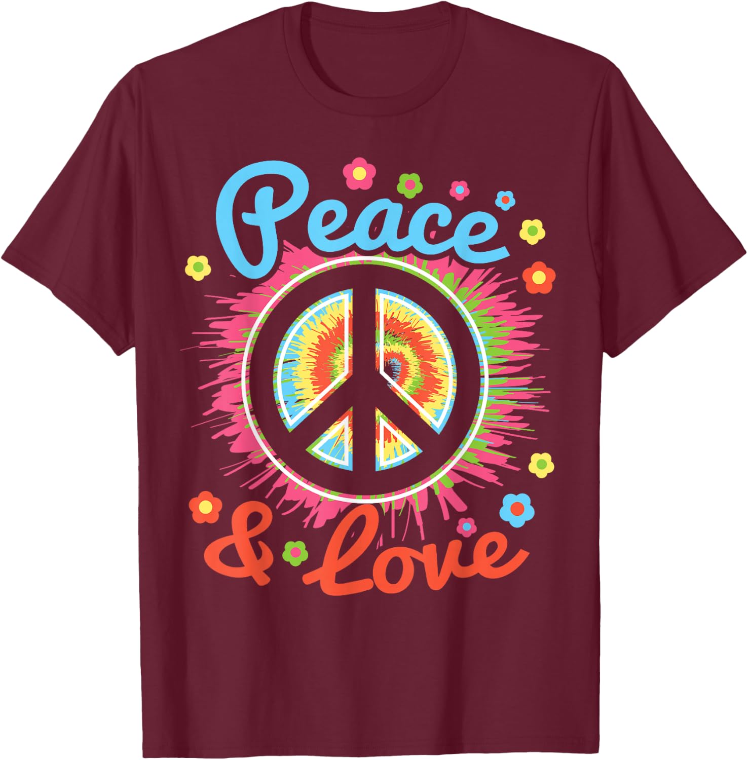 Peace and Love Peace Sign Positive Inspiration 70's Hippie T-Shirt - T-Shirt | Maroon