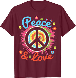 Peace and Love Peace Sign Positive Inspiration 70's Hippie T-Shirt - T-Shirt | Maroon