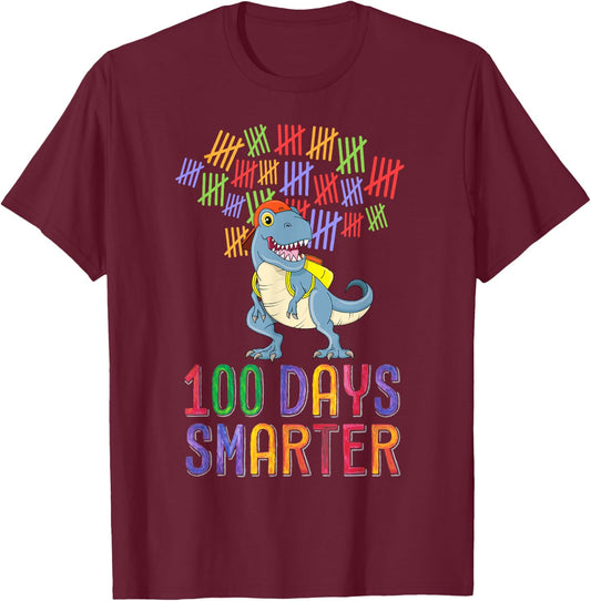 100 Days Smarter 100th Day of School Outfit T-Rex Dinosaur T-Shirt - T-Shirt | Maroon