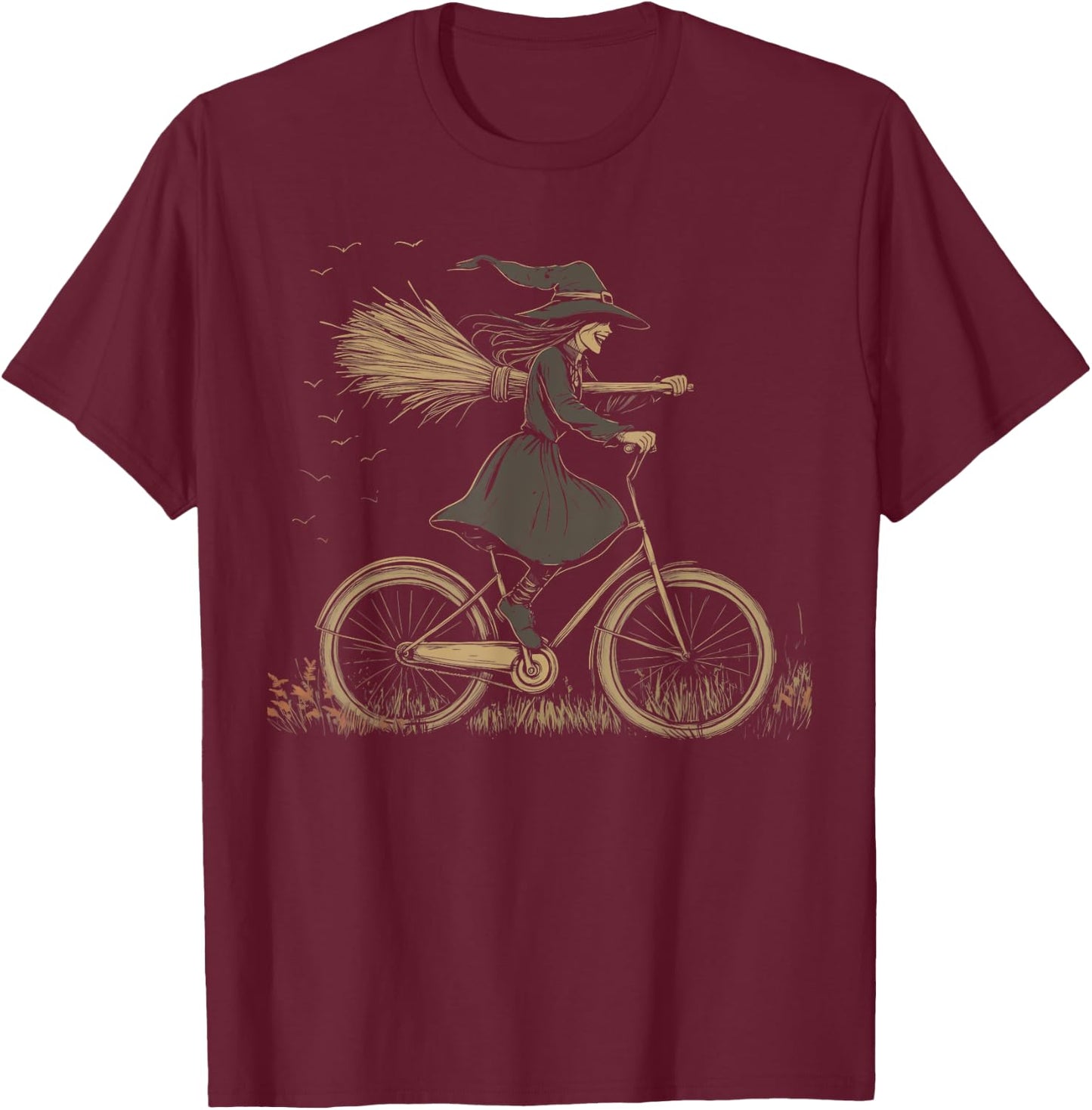 Vintage Spooky Witch Riding Bicycle Cycing Biking Halloween T-Shirt - T-Shirt | Maroon