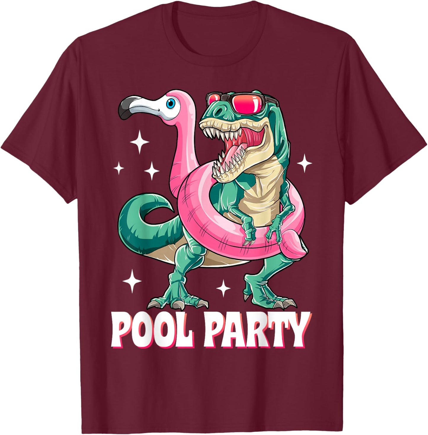 Pool Party Dinosaur Pink Flamingo Float Funny T rex Summer Women Kids T-Shirt - T-Shirt | Maroon