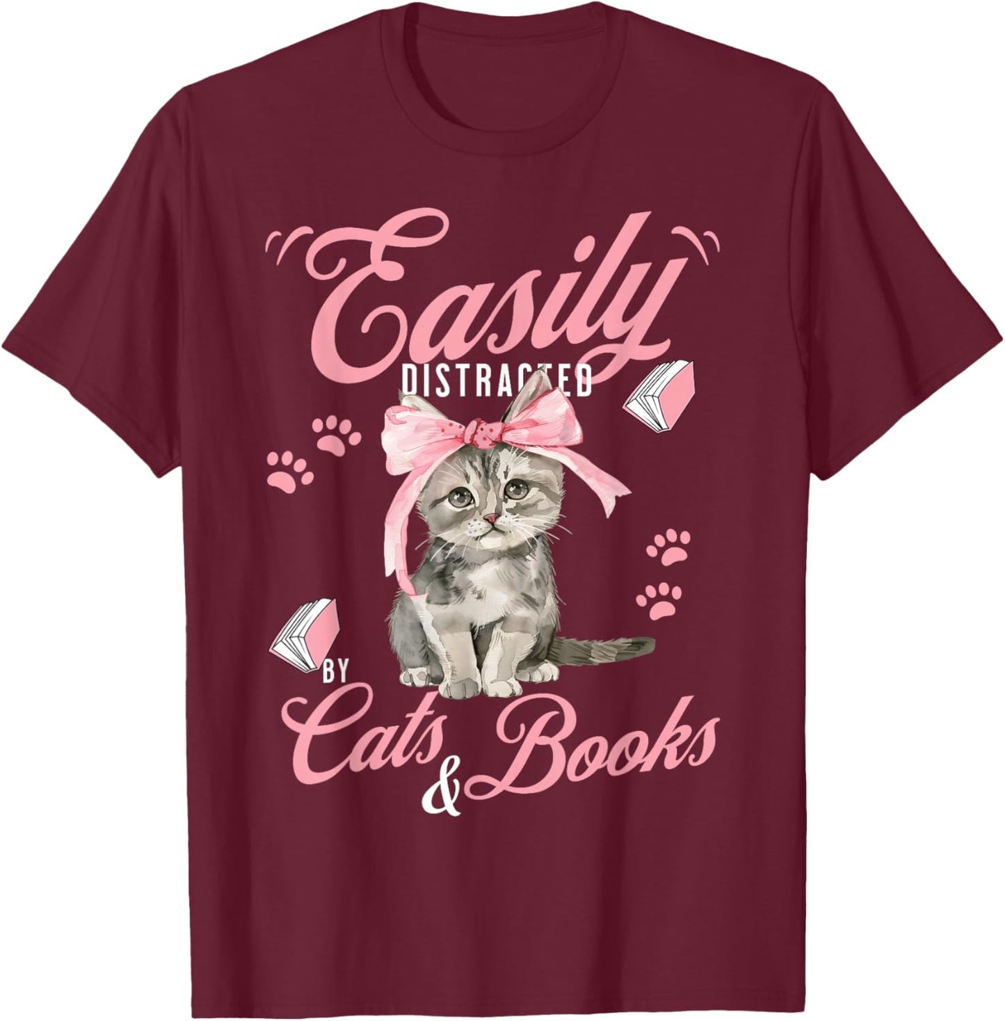 Funny Cat Lover Reading Books Cute Feline Bookworm T-Shirt - T-Shirt | Maroon
