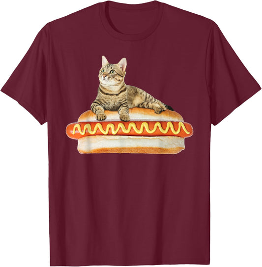 Funny Hot Dog Cat by Zany Brainy, Cute Kitty Food T-Shirt - T-Shirt | Maroon
