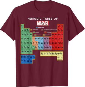 Marvel Ultimate Periodic Table Of Elements Graphic Short Sleeve , Black, Small T-Shirt - T-Shirt | Maroon
