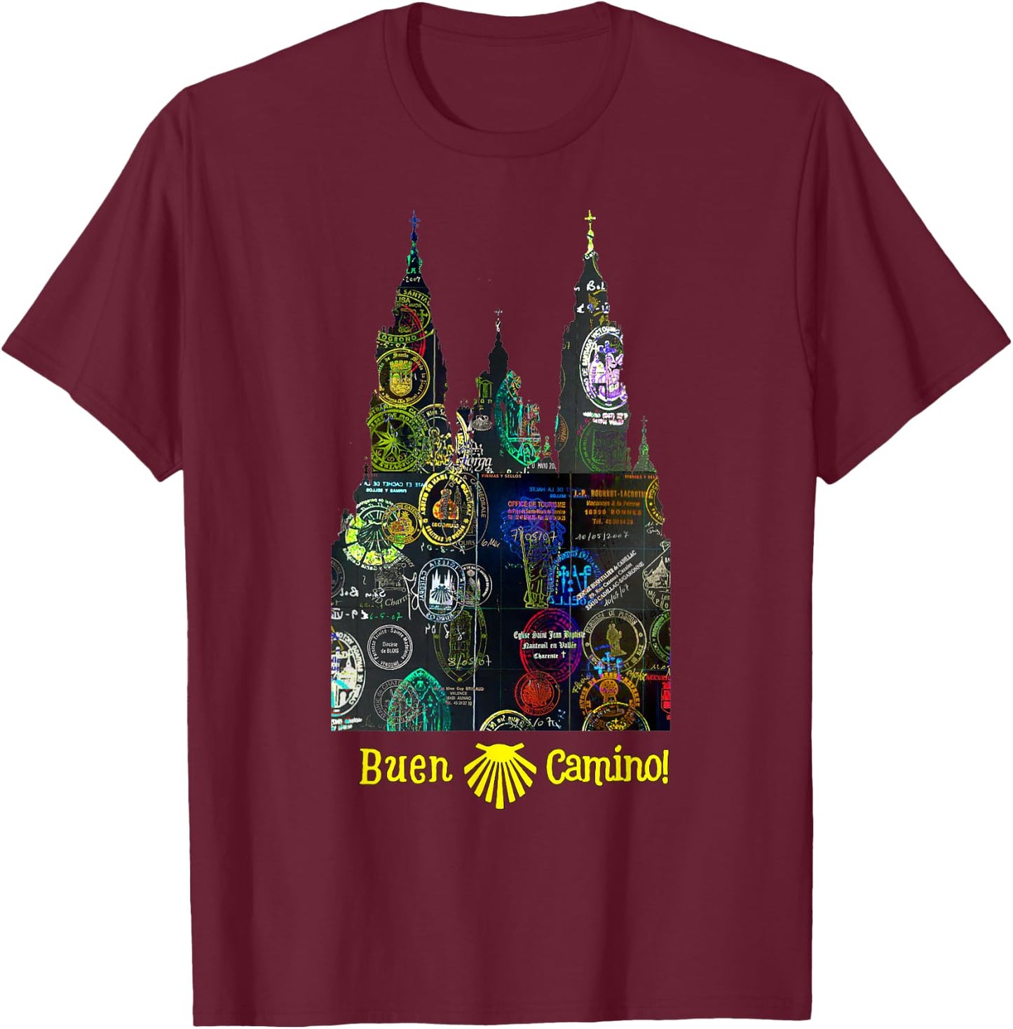 Buen Camino de Santiago Pilgrim Way of St. James Hikers Art T-Shirt - T-Shirt | Maroon