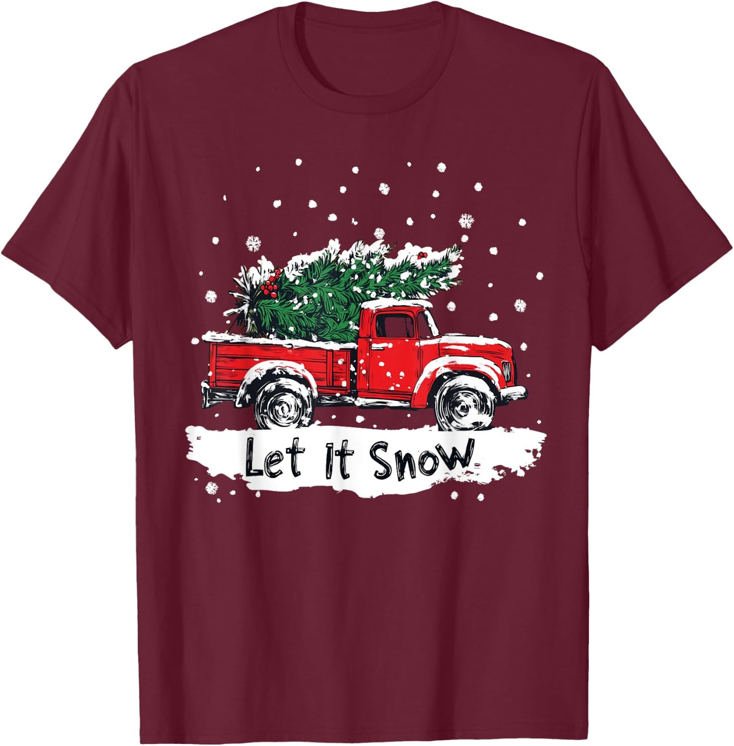 Let It Snow Vintage Family Matching Christmas Tree Red Truck T-Shirt - T-Shirt | Maroon