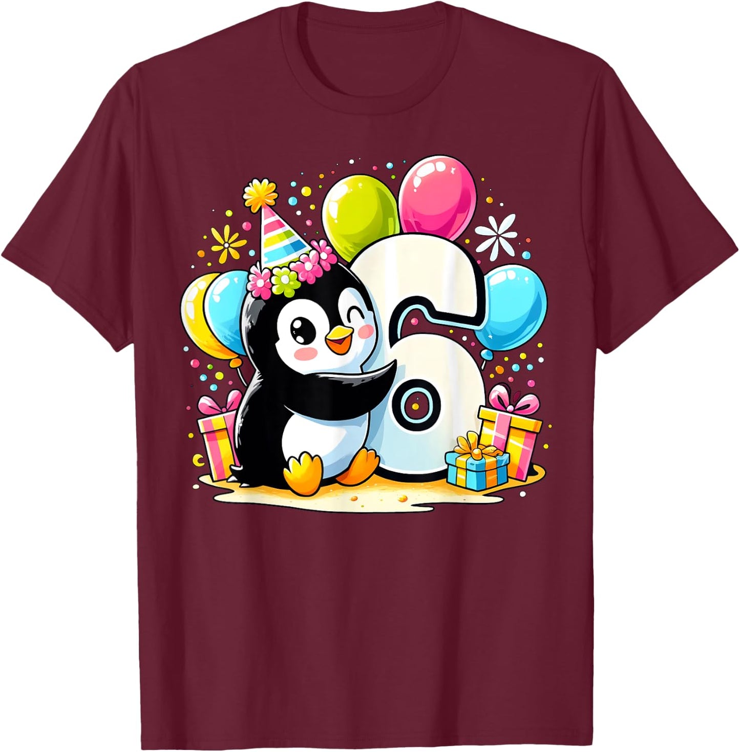 Penguin 6th birthday boy girl 6 years old sixth six Penguin T-Shirt - T-Shirt | Maroon