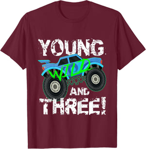 Kids Young Wild and Three! 3rd Birthday Monster Truck Shirt Boys T-Shirt - T-Shirt | Maroon