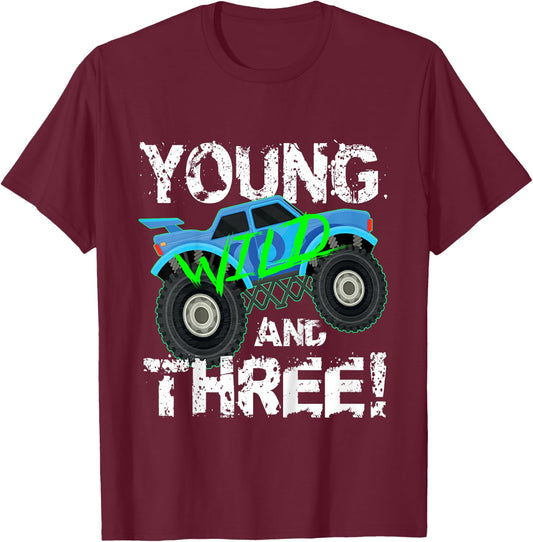 Kids Young Wild and Three! 3rd Birthday Monster Truck Shirt Boys T-Shirt - T-Shirt | Maroon