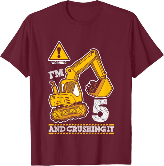 Construction Truck 5th Birthday 5 Years Old Digger Builder T-Shirt - T-Shirt | Maroon