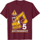 Construction Truck 5th Birthday 5 Years Old Digger Builder T-Shirt - T-Shirt | Maroon