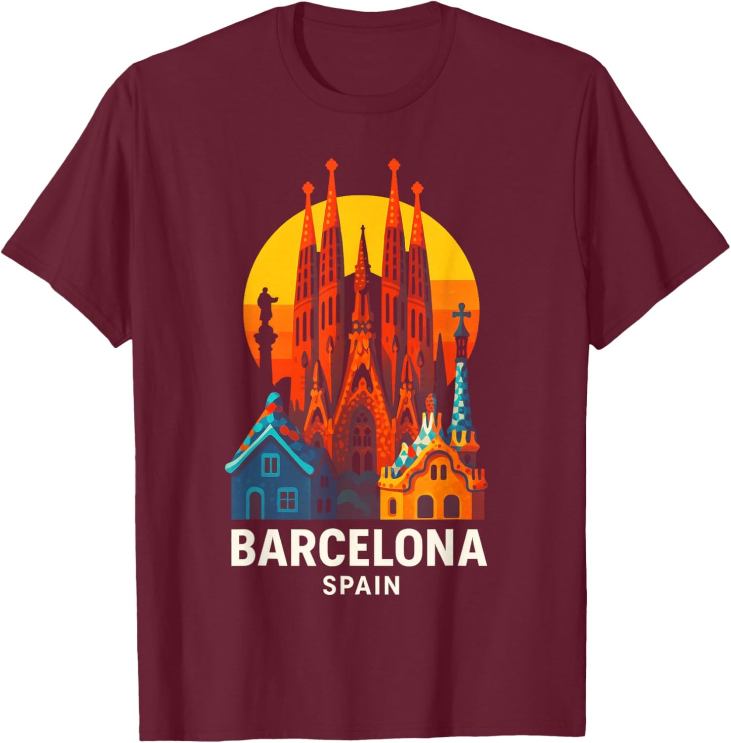 Barcelona - Vintage Spain Souvenir Travel Art T-Shirt - T-Shirt | Maroon