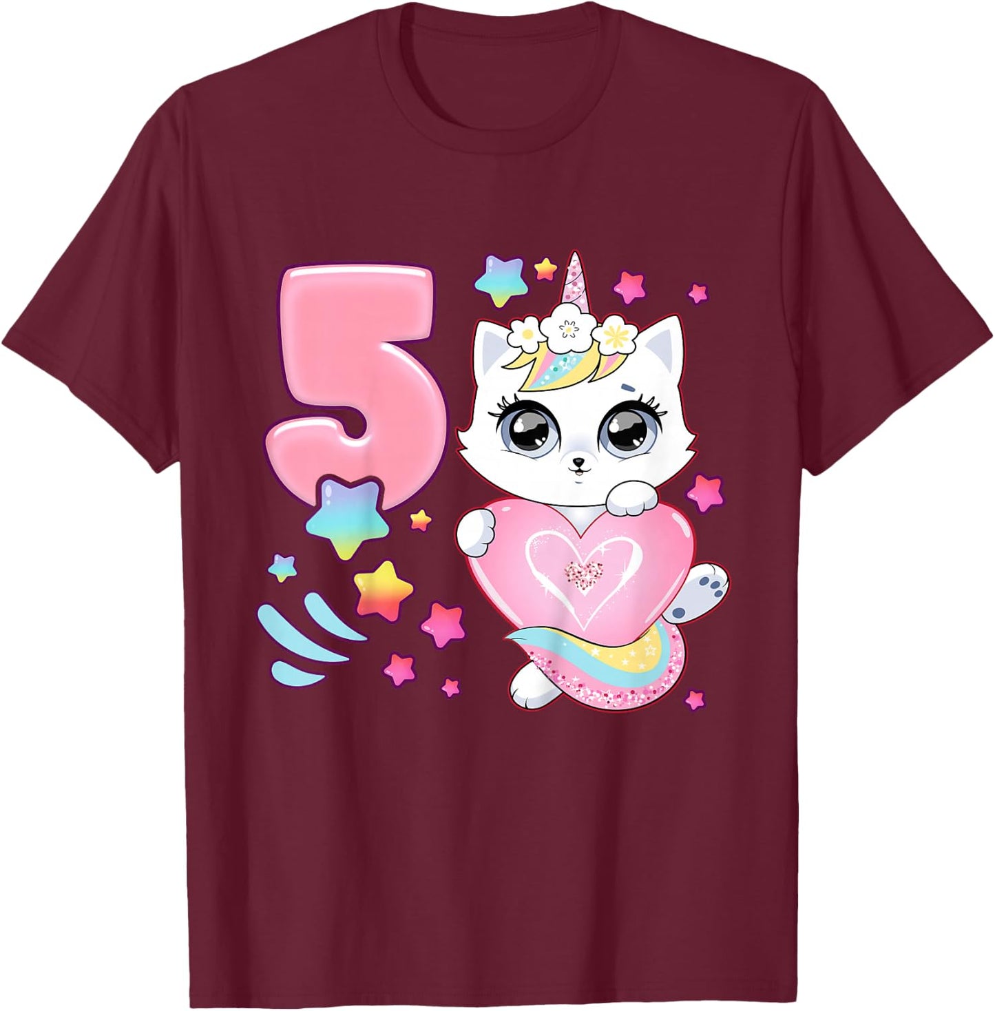 Birthday girl 5 years old, cat, unicorn, 5th birthday T-Shirt - T-Shirt | Maroon