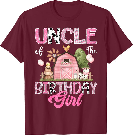 Uncle Of The Birthday Girl Farm Cow Pink 1St Birthday T-Shirt - T-Shirt | Maroon