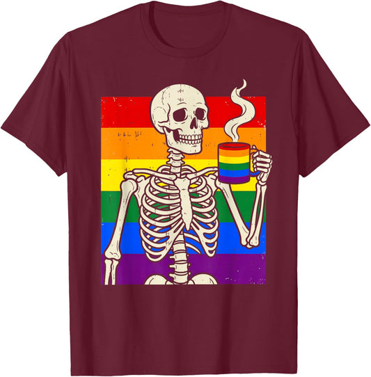 Gay Pride Skull Shirt Rainbow Skeleton Pride T-Shirt - T-Shirt | Maroon