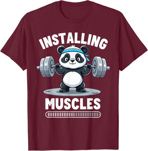 Installing Muscles Please Wait Panda Gym Barbell Fun Athlete T-Shirt - T-Shirt | Maroon
